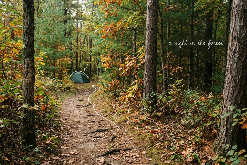 AI-generated narrow dirt forest trail through autumn pine and oak trees with a small green tent ahead, with thin white lines and the handwritten note a night in the forest; not a photo of the real trail.
