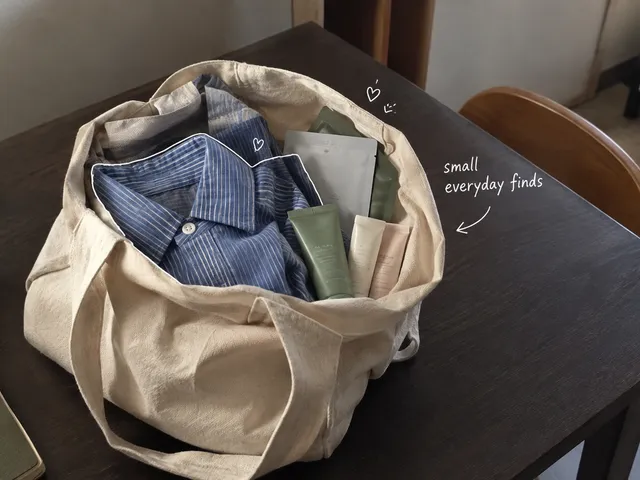 AI-generated reusable bag holding a folded shirt and unbranded skincare items on a table, with a white handwritten note.