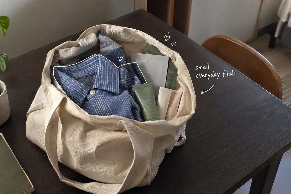 AI-generated reusable bag holding a folded shirt and unbranded skincare items on a table, with a white handwritten note.