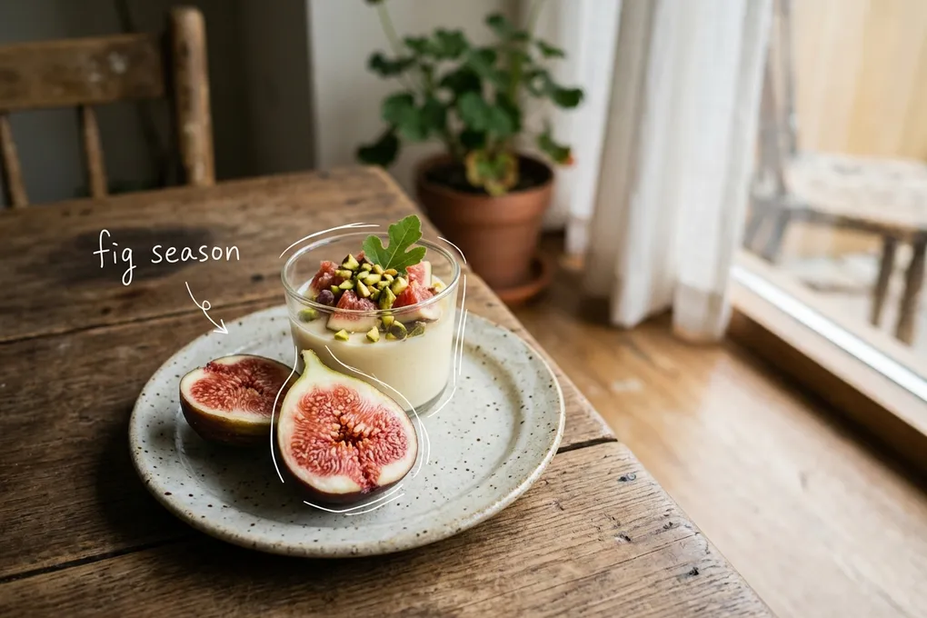 AI-generated plate on a wooden cafe table with halved fresh figs and a glass cup of pudding topped with fig and pistachios, with thin white lines and the handwritten note 'fig season'.