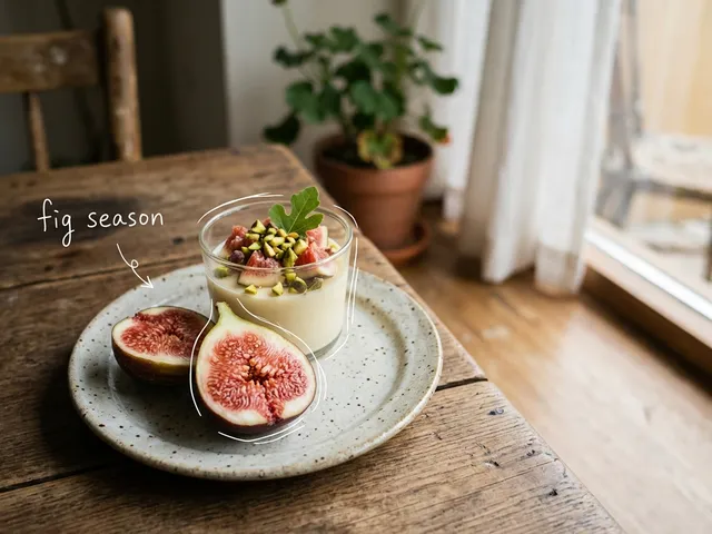 AI-generated plate on a wooden cafe table with halved fresh figs and a glass cup of pudding topped with fig and pistachios, with thin white lines and the handwritten note 'fig season'.