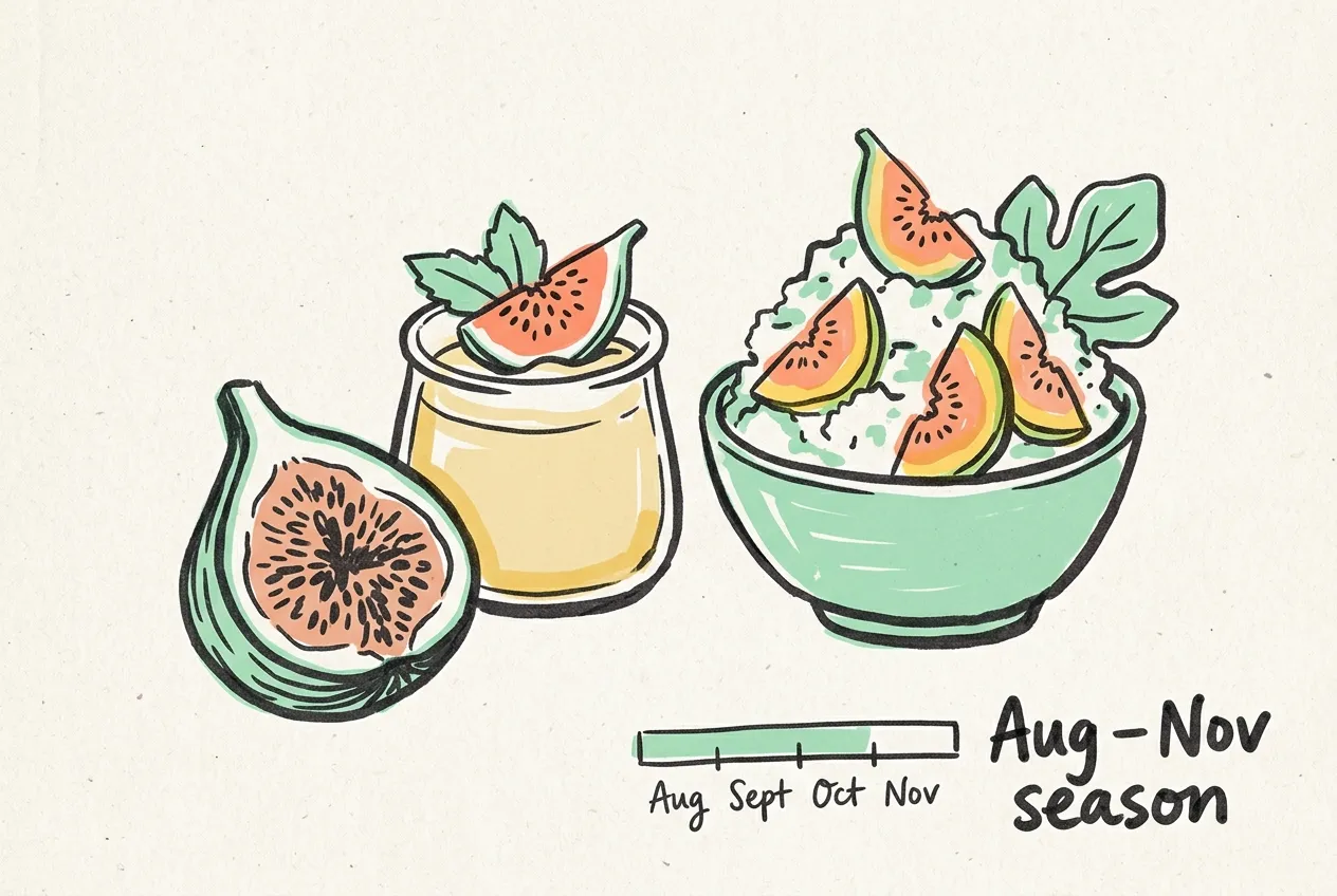 Marker-drawn illustration of a halved fig, a pudding cup and fig shaved ice, with the handwritten note 'Aug – Nov season'
