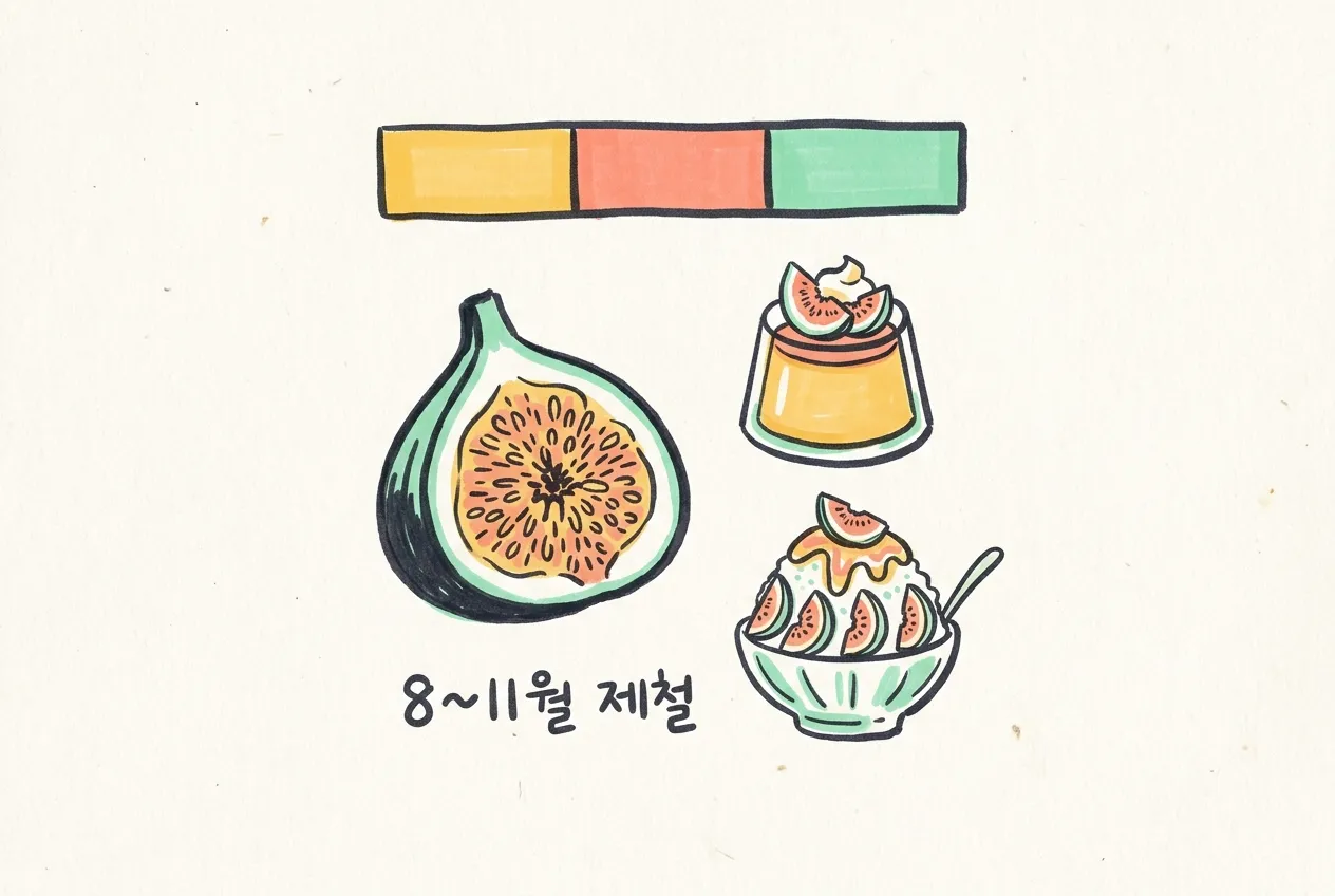반으로 자른 무화과, 푸딩 컵, 무화과 빙수와 ‘8~11월 제철’ 손글씨를 마커로 그린 일러스트