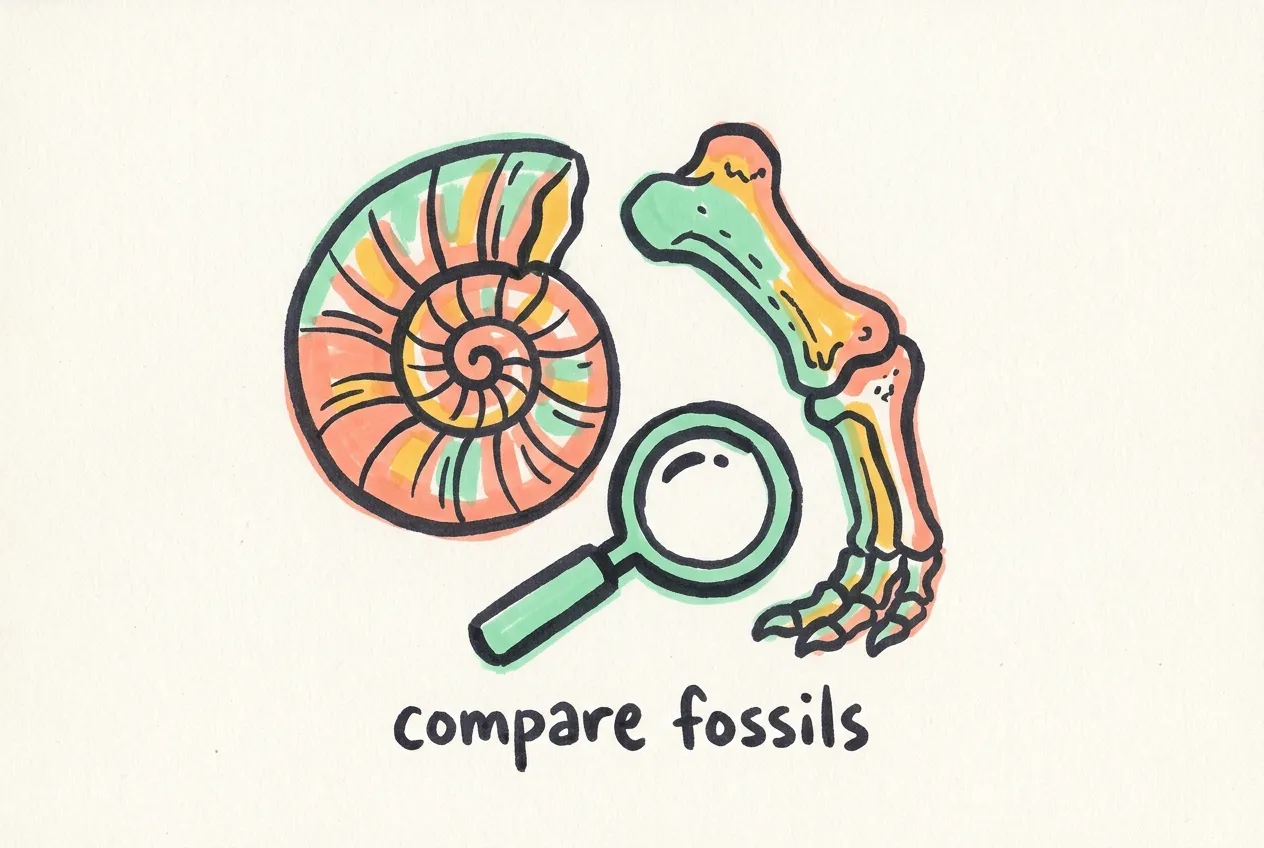 Marker illustration of a spiral ammonite shell, a dinosaur leg bone and a magnifying glass, labeled compare fossils