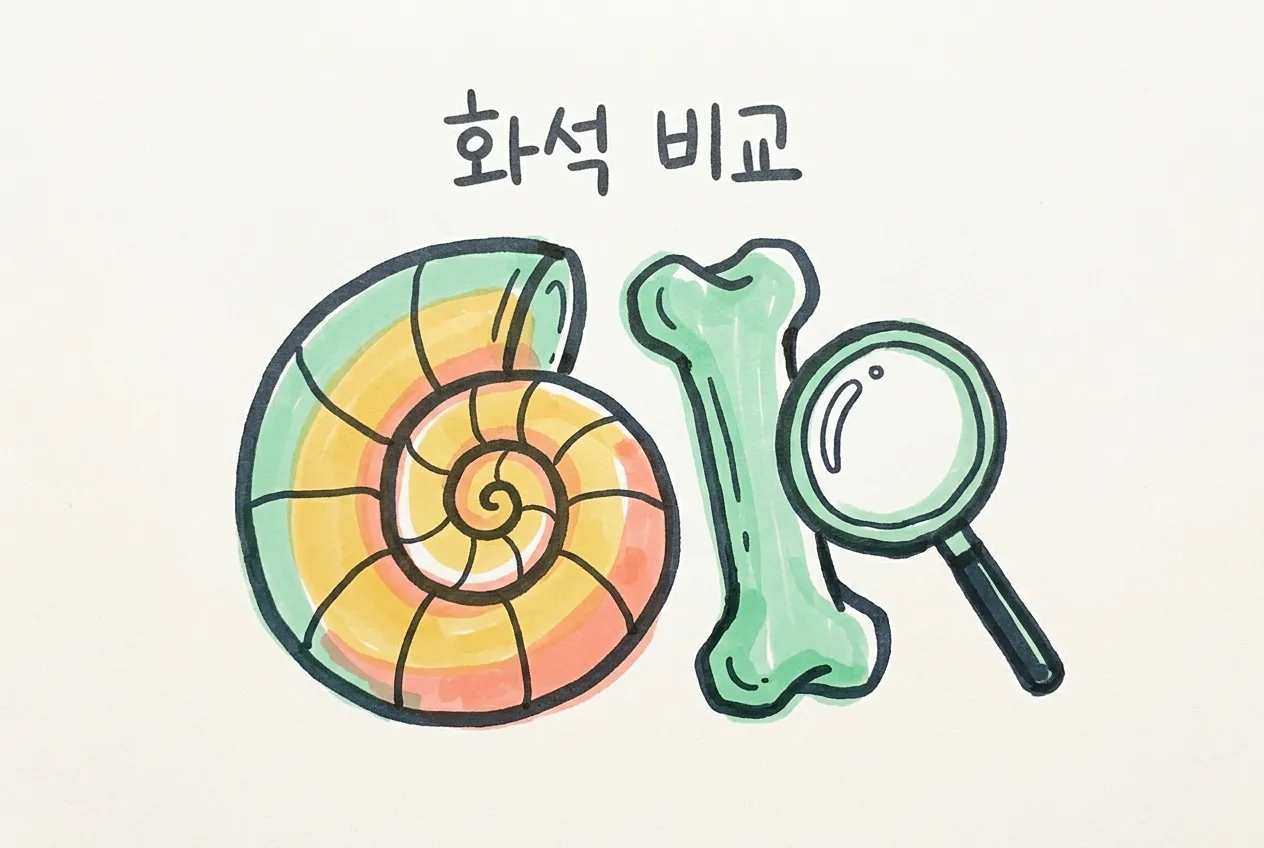 나선형 암모나이트 화석과 공룡 다리뼈, 돋보기를 마커로 그린 일러스트