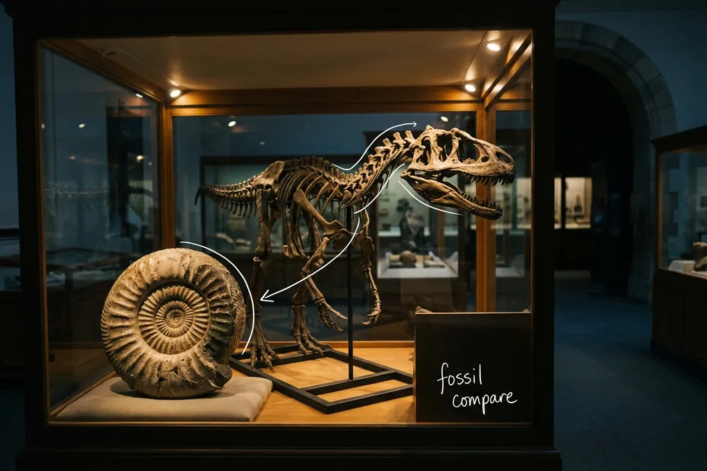 AI-generated dinosaur skeleton cast and a large ammonite fossil in a dim museum glass case. White lines trace the skeleton and fossil, with the handwritten note fossil compare.