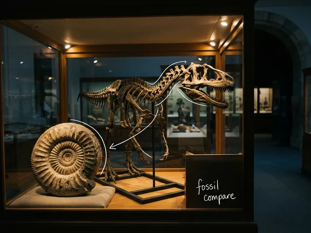 AI-generated dinosaur skeleton cast and a large ammonite fossil in a dim museum glass case. White lines trace the skeleton and fossil, with the handwritten note fossil compare.