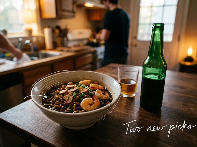 AI-generated image of a bowl of dark noodles topped with shrimp and fried garlic chips on a kitchen table, with an unlabeled green bottle and a glass. A thin white line traces the bowl next to a handwritten note reading 'Two new picks'.