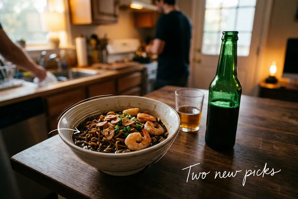 AI-generated image of a bowl of dark noodles topped with shrimp and fried garlic chips on a kitchen table, with an unlabeled green bottle and a glass. A thin white line traces the bowl next to a handwritten note reading 'Two new picks'.
