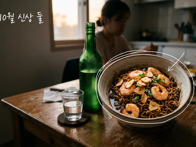 탁자 위에 새우와 튀긴 마늘이 올라간 짙은 색 볶음면 한 그릇, 라벨 없는 초록 병과 잔이 놓인 AI 생성 이미지. 면 그릇에 흰 선과 '10월 신상 둘' 손글씨가 얹혀 있다.