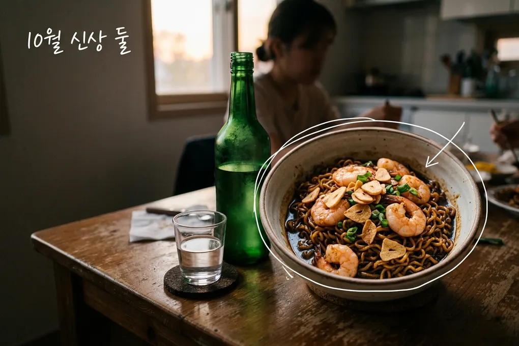 탁자 위에 새우와 튀긴 마늘이 올라간 짙은 색 볶음면 한 그릇, 라벨 없는 초록 병과 잔이 놓인 AI 생성 이미지. 면 그릇에 흰 선과 '10월 신상 둘' 손글씨가 얹혀 있다.