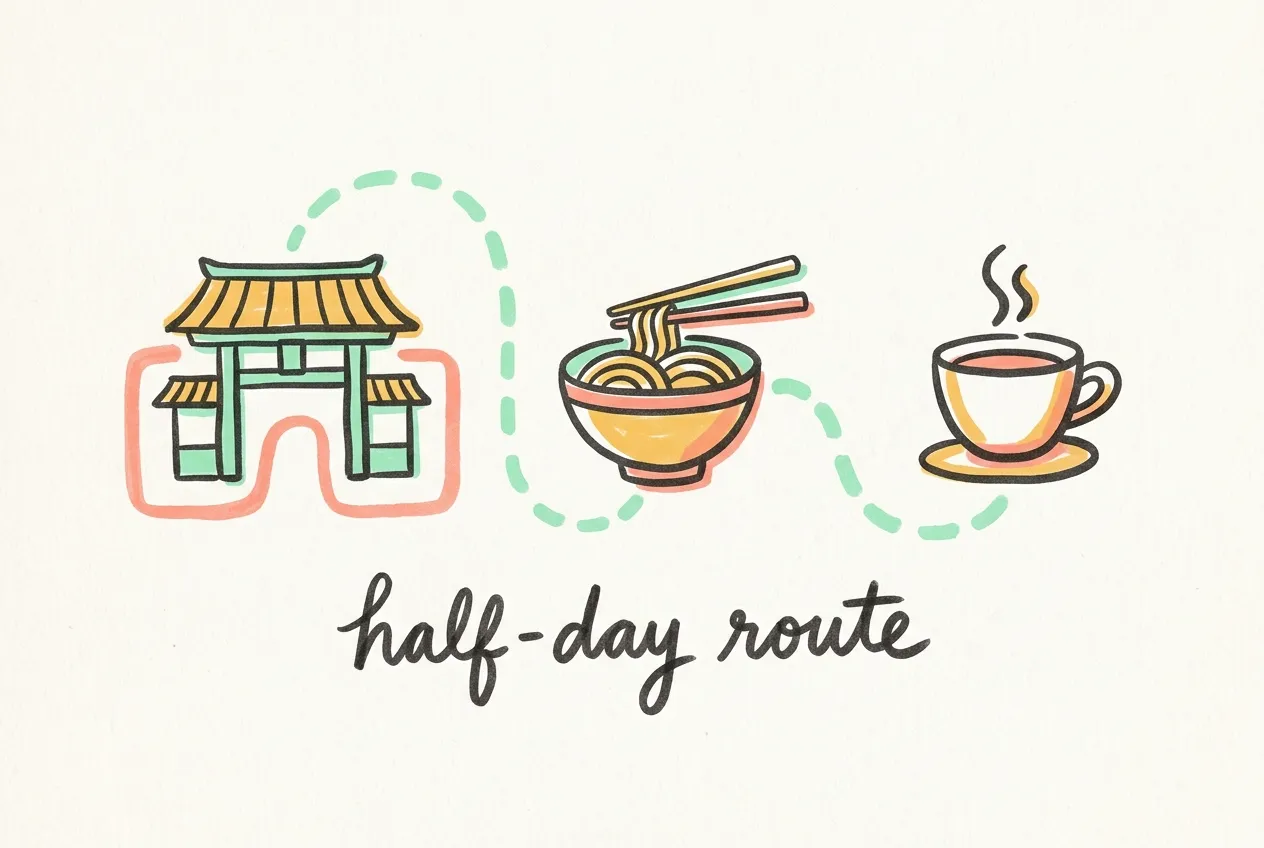 Marker illustration of a tiled gate, a noodle bowl and a coffee cup joined by a dotted line, labeled half-day route