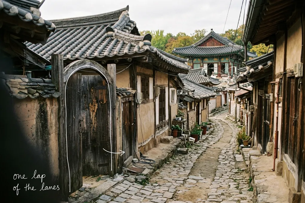 AI-generated narrow cobbled old-town lane with tiled-roof houses, a weathered wooden gate and a traditional hall in the distance, with thin white lines and the handwritten note one lap of the lanes.