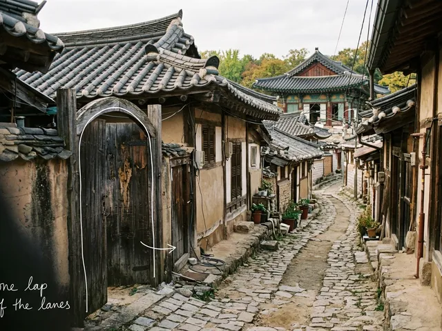 AI-generated narrow cobbled old-town lane with tiled-roof houses, a weathered wooden gate and a traditional hall in the distance, with thin white lines and the handwritten note one lap of the lanes.