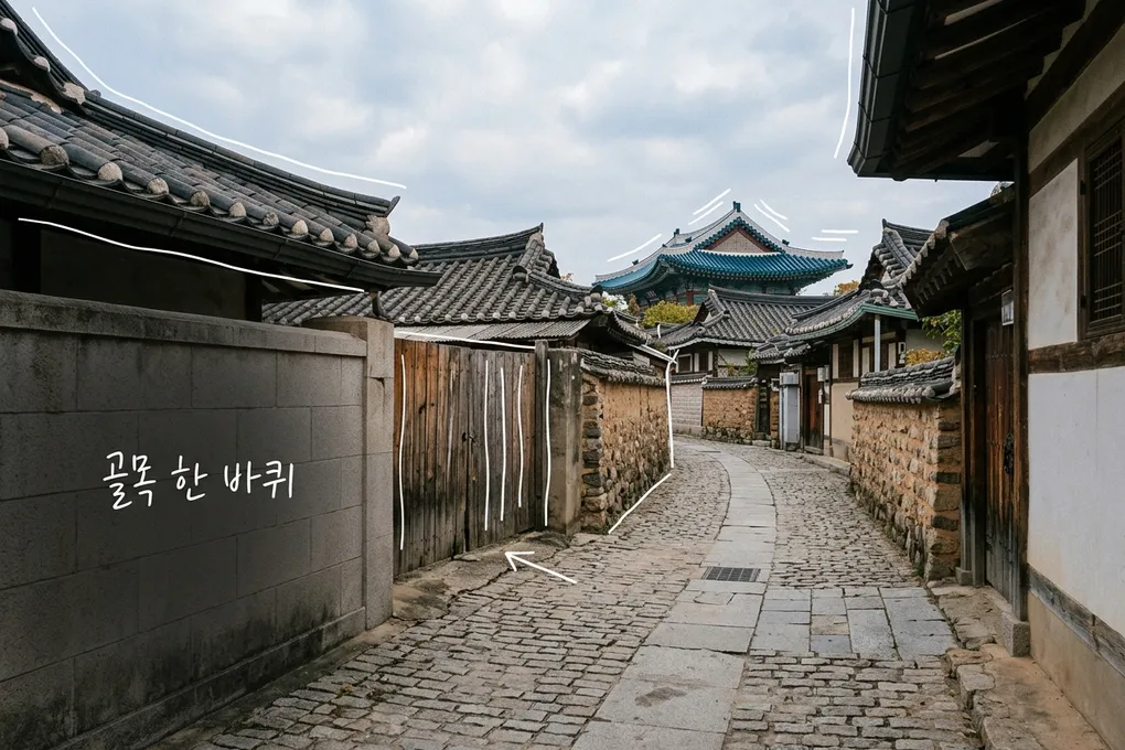 기와지붕 집과 낡은 나무 대문이 이어진 좁은 돌길 골목과 멀리 보이는 전통 건물 지붕을 담은 AI 생성 이미지. 흰 선과 ‘골목 한 바퀴’ 손글씨가 얹혀 있다.