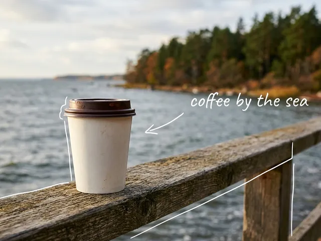 AI-generated paper coffee cup on a wooden seaside railing with the autumn sea and pine trees blurred behind, with thin white lines and the handwritten note 'coffee by the sea'.