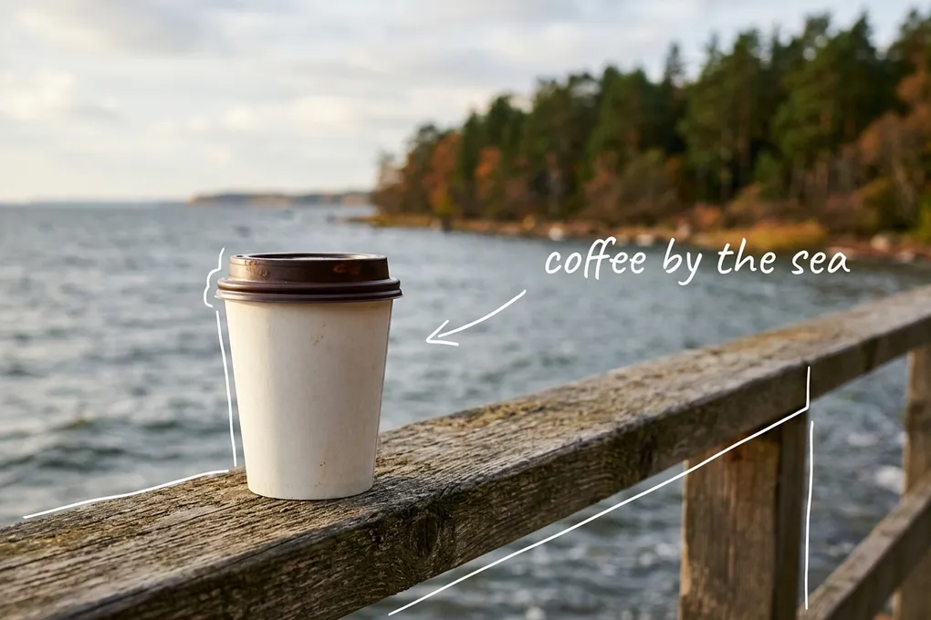 AI-generated paper coffee cup on a wooden seaside railing with the autumn sea and pine trees blurred behind, with thin white lines and the handwritten note 'coffee by the sea'.