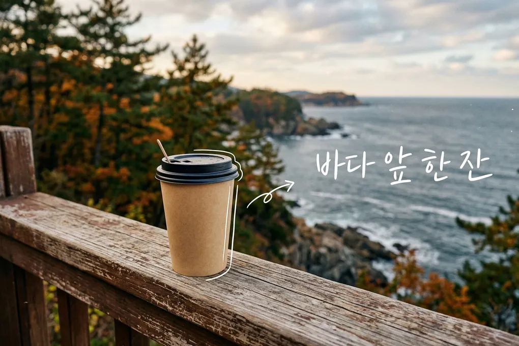 가을 바다와 소나무가 흐릿하게 보이는 나무 난간 위에 놓인 종이컵 커피를 담은 AI 생성 이미지. 흰 선과 ‘바다 앞 한 잔’ 손글씨가 얹혀 있다.