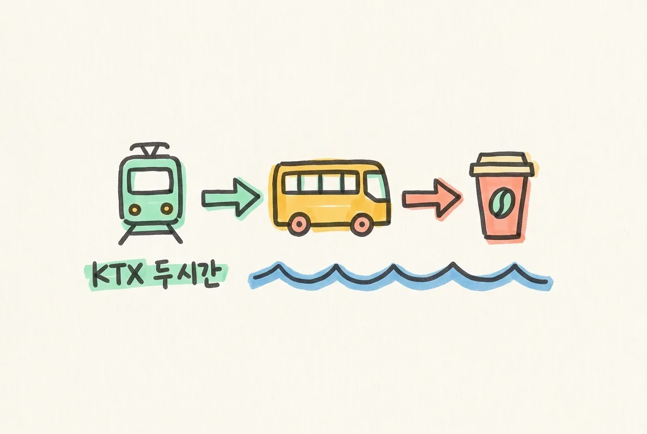 기차에서 버스, 커피 컵으로 이어지는 길과 파도 선, ‘KTX 두 시간’ 손글씨를 마커로 그린 일러스트