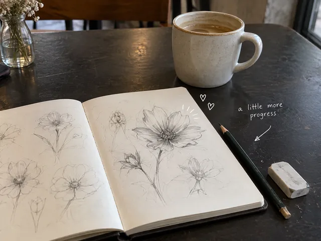 AI-generated open sketchbook with unfinished flower drawings, a pencil and a cup, with a handwritten note about making progress.
