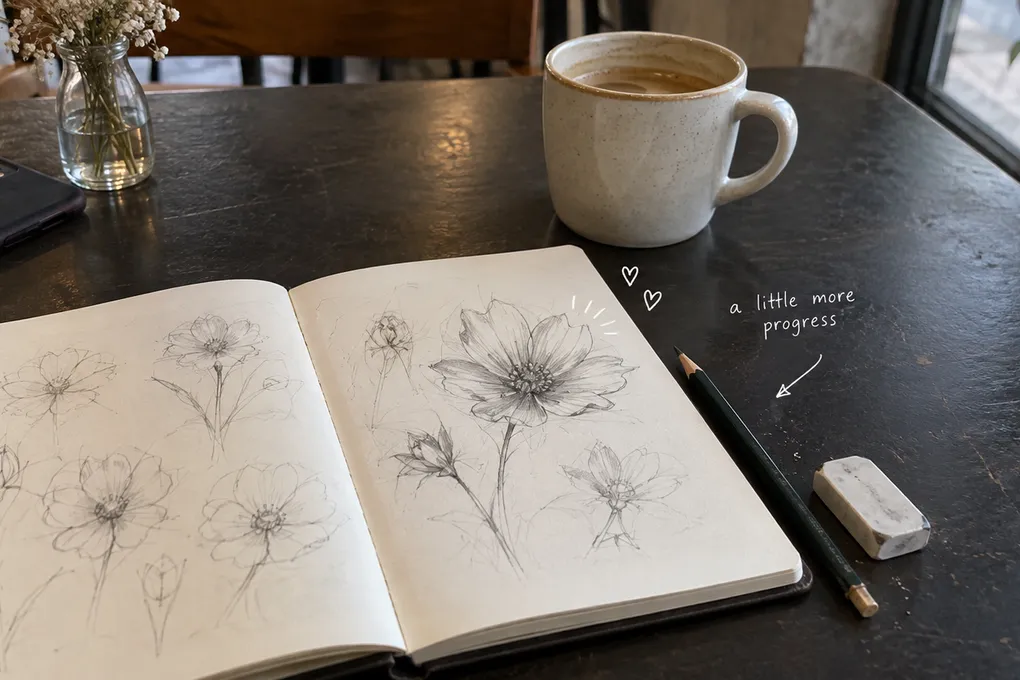 AI-generated open sketchbook with unfinished flower drawings, a pencil and a cup, with a handwritten note about making progress.