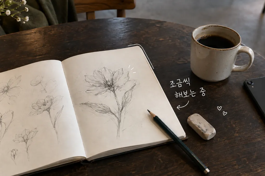미완성 꽃 그림이 있는 펼친 스케치북과 연필, 컵, 진행 중이라는 손글씨를 담은 AI 생성 이미지.
