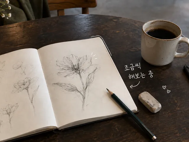 미완성 꽃 그림이 있는 펼친 스케치북과 연필, 컵, 진행 중이라는 손글씨를 담은 AI 생성 이미지.