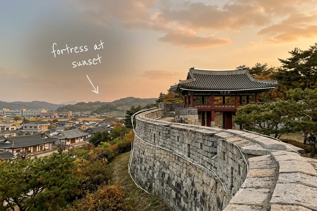 AI-generated sunset view of a stone fortress wall and tiled-roof pavilion above a Korean town, with thin white lines and the handwritten note fortress at sunset.