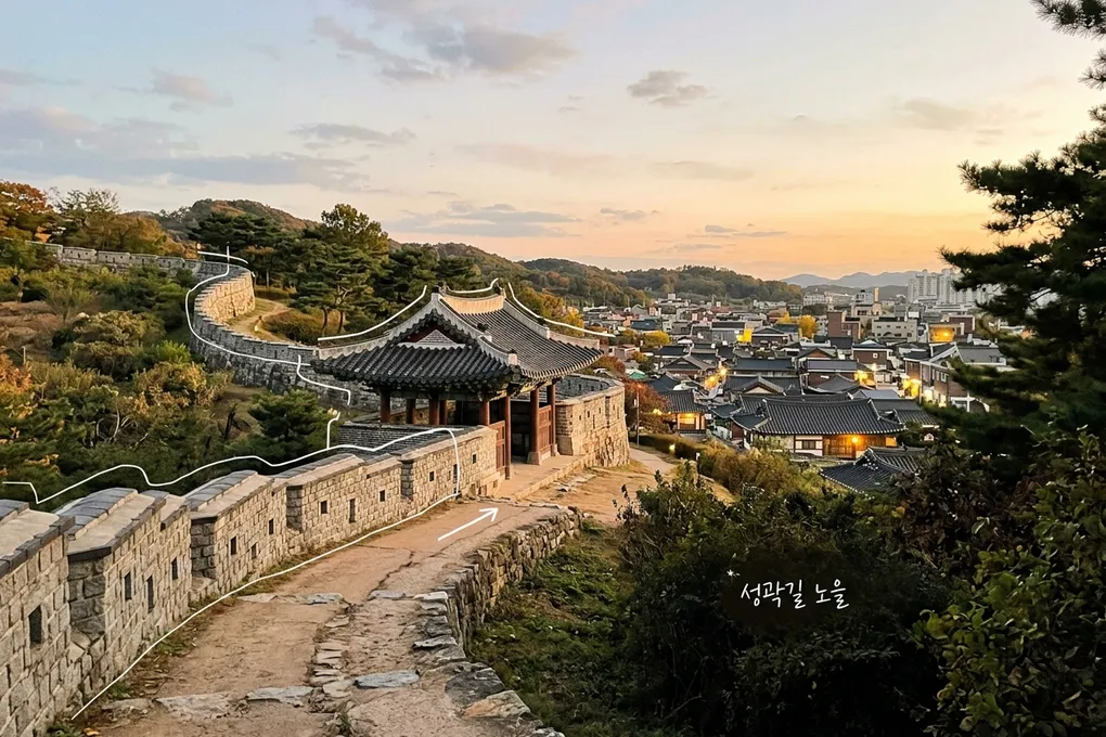 해 질 녘 돌성곽과 기와 문루, 아래로 기와지붕 마을이 보이는 AI 생성 이미지. 흰 선과 ‘성곽길 노을’ 손글씨가 얹혀 있다.