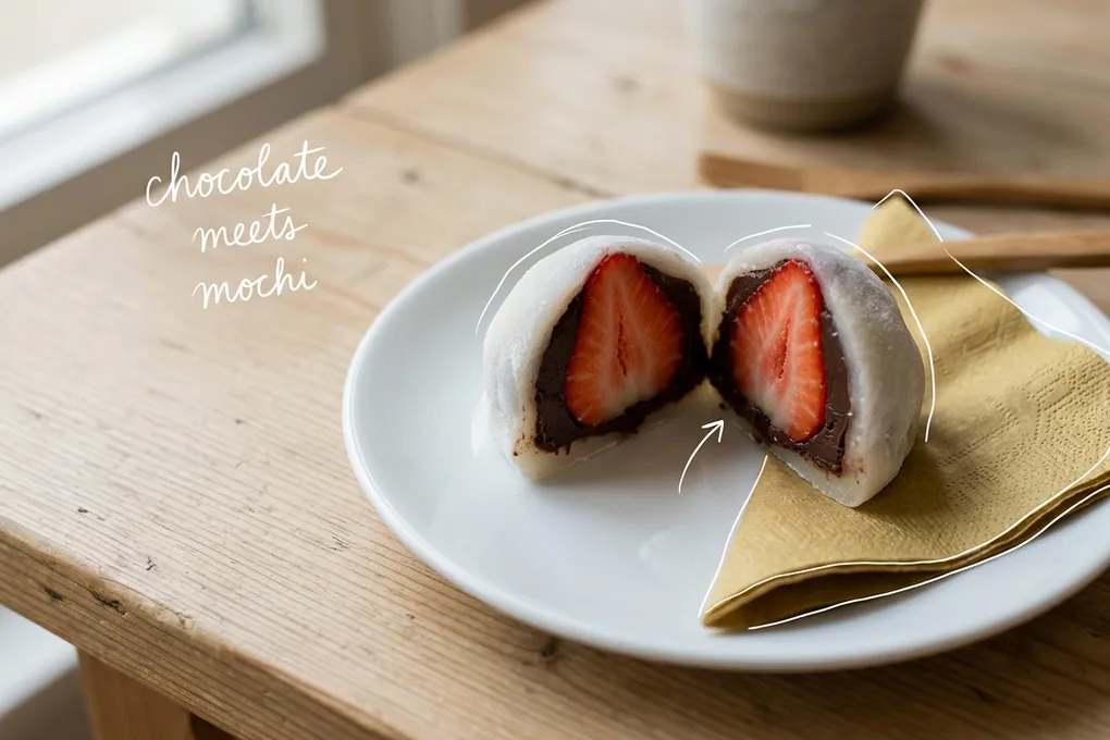 AI-generated strawberry mochi cut in half on a white plate, showing a whole strawberry and dark chocolate ganache, with thin white lines and the handwritten note 'chocolate meets mochi'.