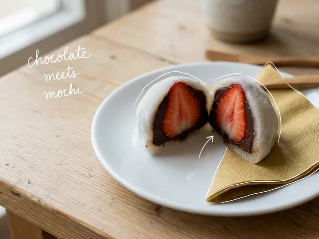 AI-generated strawberry mochi cut in half on a white plate, showing a whole strawberry and dark chocolate ganache, with thin white lines and the handwritten note 'chocolate meets mochi'.