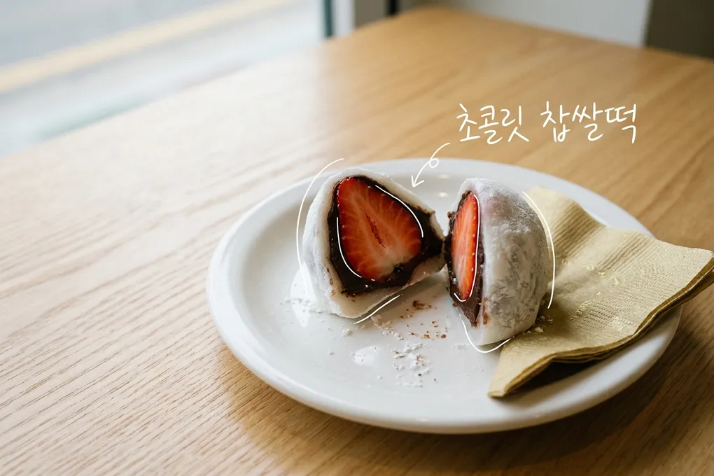 흰 접시 위에서 반으로 갈라 생딸기 한 알과 어두운 초콜릿 가나슈가 보이는 딸기 찹쌀떡을 담은 AI 생성 이미지. 흰 선과 ‘초콜릿 찹쌀떡’ 손글씨가 얹혀 있다.