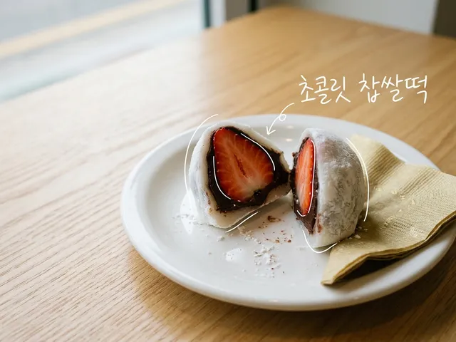 흰 접시 위에서 반으로 갈라 생딸기 한 알과 어두운 초콜릿 가나슈가 보이는 딸기 찹쌀떡을 담은 AI 생성 이미지. 흰 선과 ‘초콜릿 찹쌀떡’ 손글씨가 얹혀 있다.