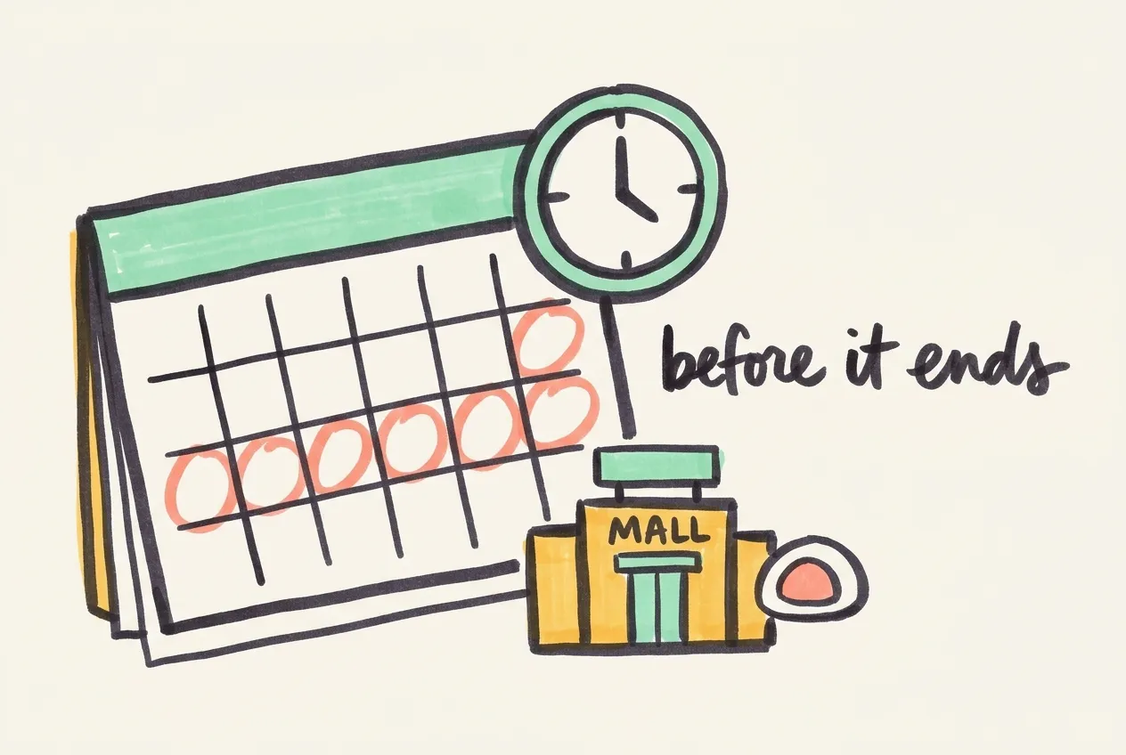 Marker-drawn calendar with the last days circled, a clock, a mall building and a mochi icon, with the handwritten note 'before it ends'