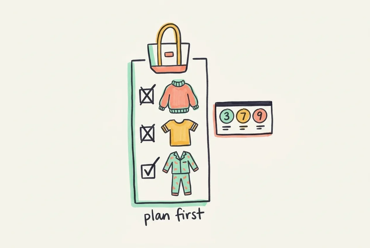Marker illustration of a shopping checklist with a sweater, a tee and pajamas, plus a tote bag and a subway line 3 7 9 sign