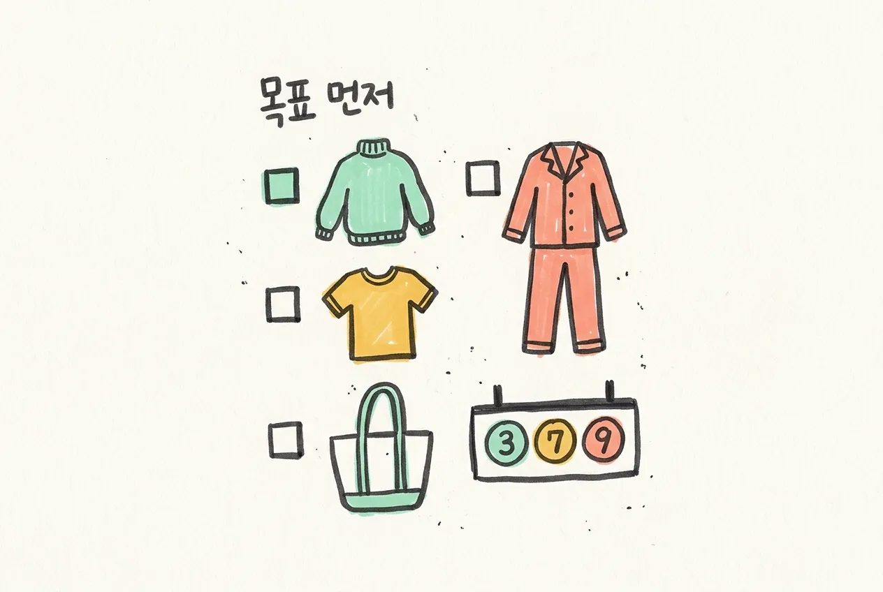 쇼핑 목록에 니트, 티셔츠, 잠옷이 있고 토트백과 3·7·9 노선 표지가 함께 그려진 마커 일러스트