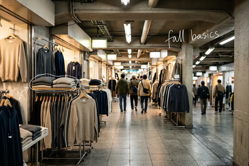 AI-generated underground shopping arcade with beige, grey and navy sweaters and tees on racks along both sides. White lines trace a stack of knits and a hanger, with the handwritten note fall basics.