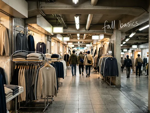 AI-generated underground shopping arcade with beige, grey and navy sweaters and tees on racks along both sides. White lines trace a stack of knits and a hanger, with the handwritten note fall basics.