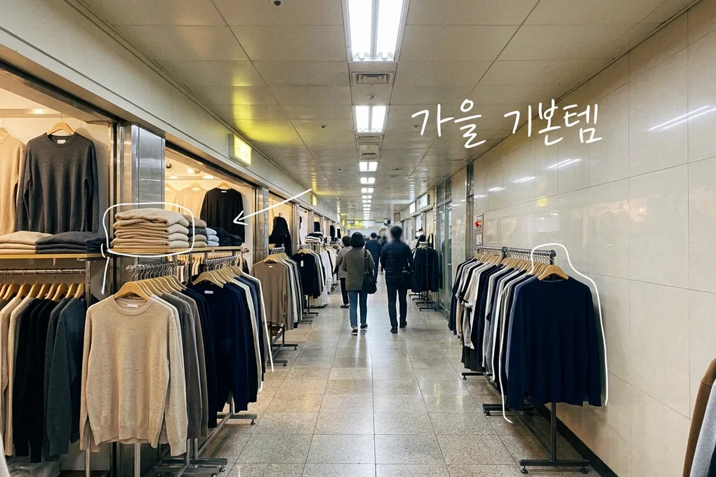 지하상가 통로 양쪽에 베이지·회색·남색 니트와 티셔츠가 걸린 AI 생성 이미지. 쌓인 니트와 옷걸이에 흰 선이 얹혀 있고 '가을 기본템' 손글씨가 있다.