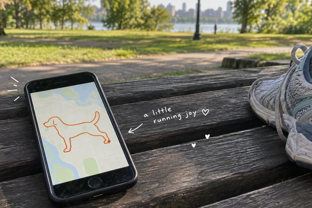 AI-generated phone showing an illustrative dog-shaped route beside running shoes on a bench, with a short white handwritten note.