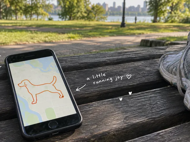 AI-generated phone showing an illustrative dog-shaped route beside running shoes on a bench, with a short white handwritten note.