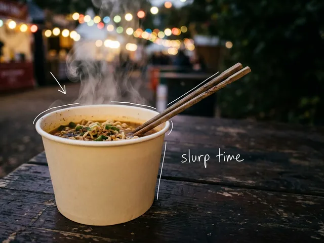 AI-generated steaming paper cup of ramyeon with wooden chopsticks on an outdoor festival table, with blurred festival lights behind. White lines trace the cup rim and steam, with the handwritten note slurp time.