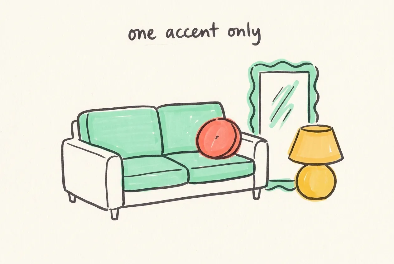 Marker illustration of a neutral sofa with one round coral cushion, a wavy mirror and a round lamp, labeled one accent only