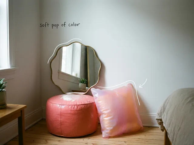 AI-generated corner of a white-walled room with a wavy mirror, a pink translucent cushion and a coral pouf. White lines trace the mirror and cushion, with the handwritten note soft pop of color.