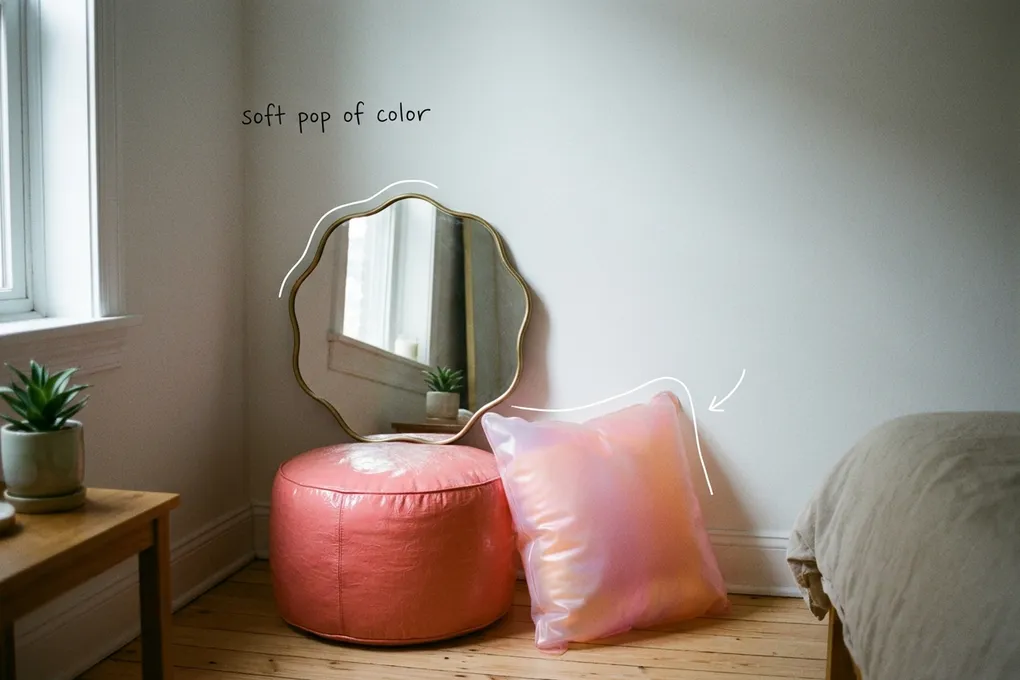 AI-generated corner of a white-walled room with a wavy mirror, a pink translucent cushion and a coral pouf. White lines trace the mirror and cushion, with the handwritten note soft pop of color.