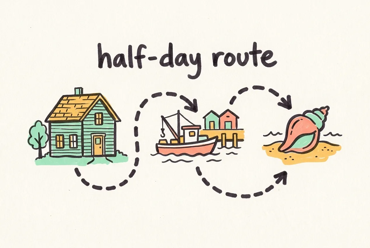 Marker illustration of an old wooden house, a harbor boat and a seashell joined by a dotted line, labeled half-day route