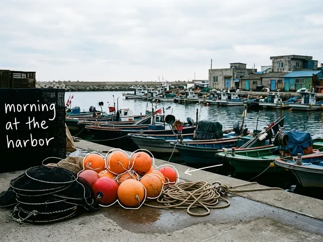 AI-generated fishing harbor on Korea's east coast with orange buoys, rope and nets on the quay and small boats moored behind. White lines trace the buoys, with the handwritten note morning at the harbor.