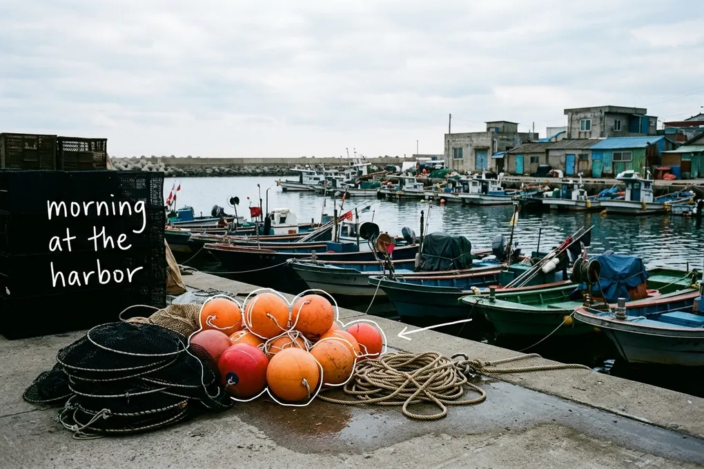 AI-generated fishing harbor on Korea's east coast with orange buoys, rope and nets on the quay and small boats moored behind. White lines trace the buoys, with the handwritten note morning at the harbor.