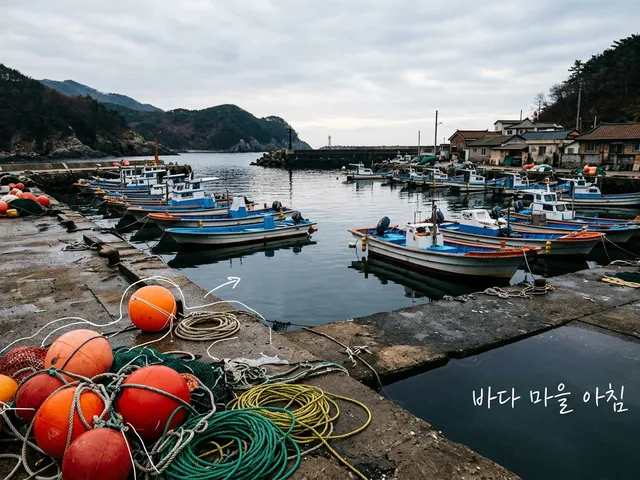 이른 아침 동해안 작은 항구 부두 위에 주황색 부표와 밧줄이 쌓여 있고 작은 배들이 정박한 AI 생성 이미지. 부표에 흰 선이 얹혀 있고 '바다 마을 아침' 손글씨가 있다.