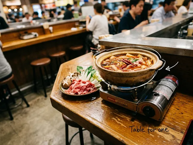 AI-generated image of a small single-serving hot pot on a counter seat with a plate of sliced meat, mushrooms and greens. A thin white line traces the pot next to a handwritten note reading 'Table for one'.